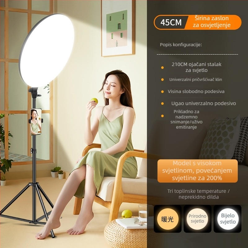 Kružna LED rasvjeta za dopunjavanje za livestream i unutarnju fotografiju, tri temperature boje, snaga 10-50 W, napon 220 V