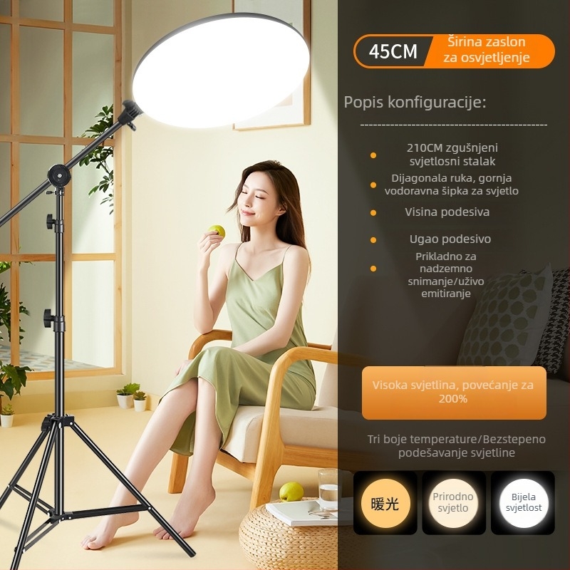 Kružna LED rasvjeta za dopunjavanje za livestream i unutarnju fotografiju, tri temperature boje, snaga 10-50 W, napon 220 V