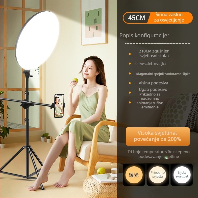 Kružna LED rasvjeta za dopunjavanje za livestream i unutarnju fotografiju, tri temperature boje, snaga 10-50 W, napon 220 V