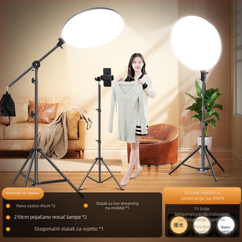 Kružna LED rasvjeta za dopunjavanje za livestream i unutarnju fotografiju, tri temperature boje, snaga 10-50 W, napon 220 V