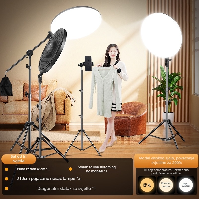 Kružna LED rasvjeta za dopunjavanje za livestream i unutarnju fotografiju, tri temperature boje, snaga 10-50 W, napon 220 V