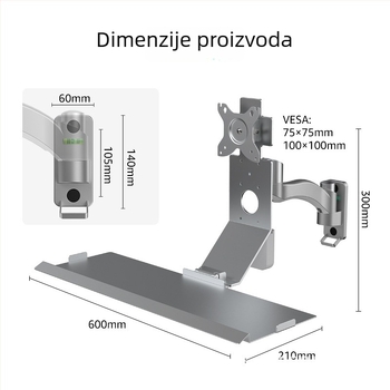 Bewiser držač zaslona na zid – sklopivi, aluminijska legura, držač miša i tipkovnice