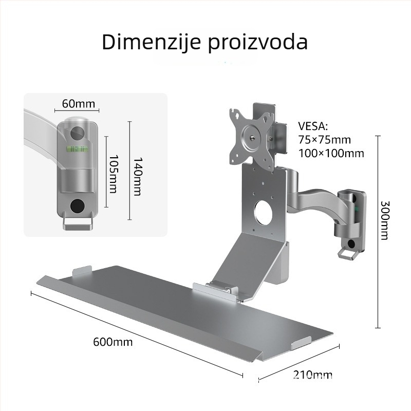 Bewiser držač zaslona na zid – sklopivi, aluminijska legura, držač miša i tipkovnice