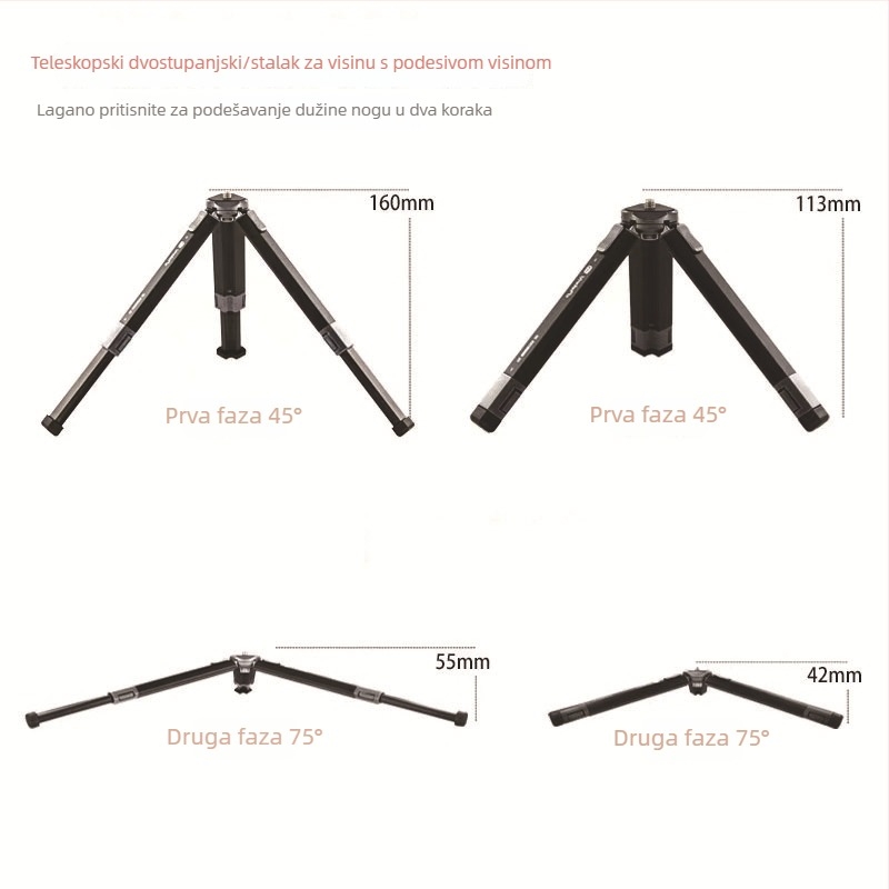 ST100 stolni stativ od aluminijskog legura, dvostupan teleskopsko podešavanje visine, raspon 11,5–30 cm, nosivost do 2 kg