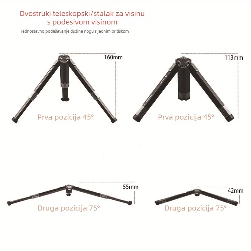 ST100 stolni stativ od aluminijskog legura, dvostupan teleskopsko podešavanje visine, raspon 11,5–30 cm, nosivost do 2 kg
