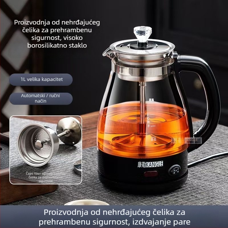 Višefunkcionalni čajnik za pripremu čaja s borosilikatnim staklom, kapacitet do 1 L, 600 W, 220 V, upravljanje gumbom, pogodan za 2–3 osobe