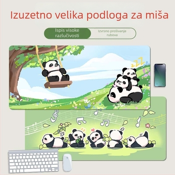 Prevelika podloga za miš s ručno oslikanim panda motivom, debeli rub, protuklizna površina, veliki stolni podmetač