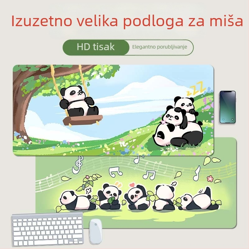 Prevelika podloga za miš s ručno oslikanim panda motivom, debeli rub, protuklizna površina, veliki stolni podmetač