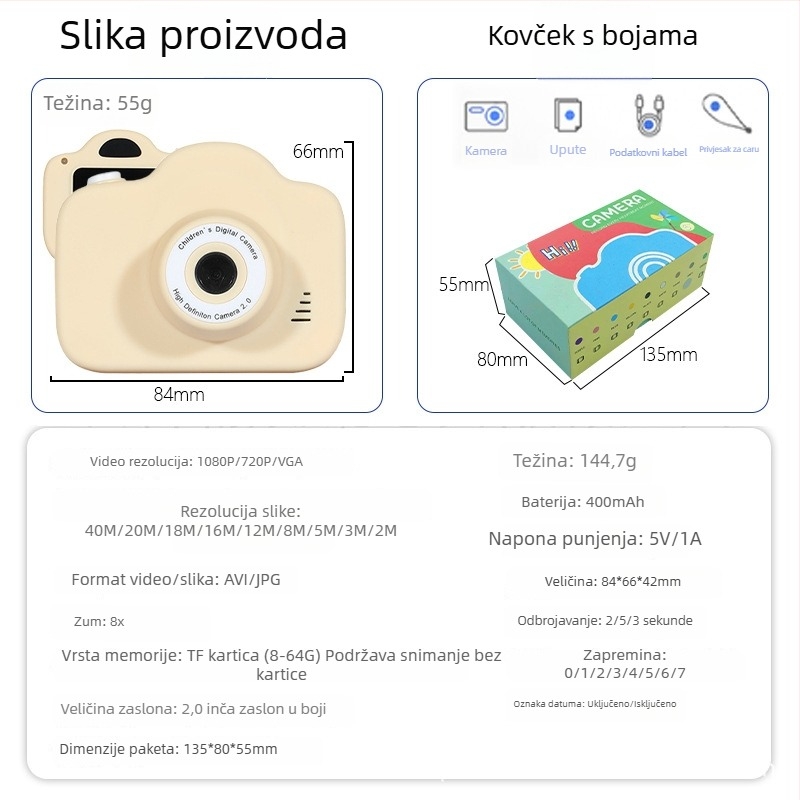 A3 Djeca digitalna kamera – crtani dizajn, 2.0-inčni LCD, 20MP, TF kartica, trajanje baterije 60–90 minuta