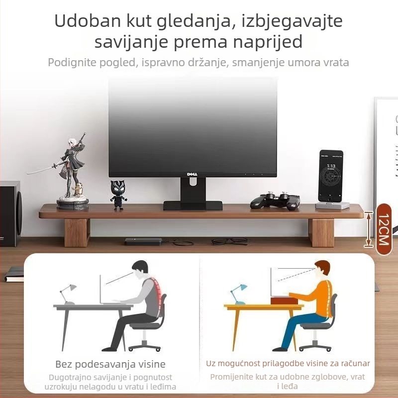 Drveni stolni stalak za monitor s podignutim regalom — 1-etažni, višestruke namjene, prenosiv, bez montaže, stolno skladištenje