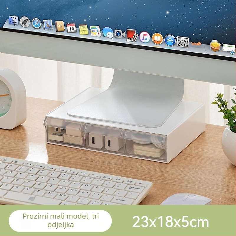 Stolni nosač monitora s ladicama — proziran višeslojni i sklopivi dizajn, plastična konstrukcija, jednostavan modern stil