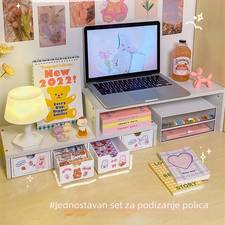 Raft za računalo na stol s podiznim mehanizmom, 3 sloja, drvo/bambus, višenamjenski, pomični, bez bušenja