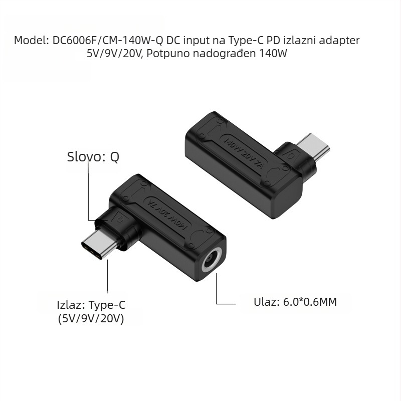 Yinan DC ulaz u Type-C pretvarač, automatsko prepoznavanje 5V/9V/20V, PD izlaz 140W