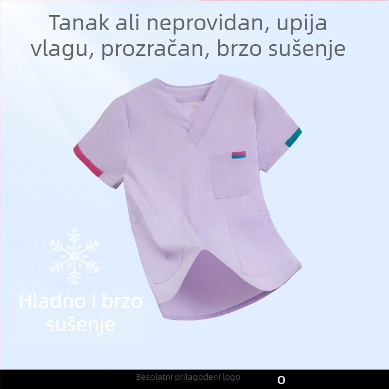 Unisex set medicinske odjeće: top s kratkim rukavima i hlače, V-izrez, brzo se suši; mješavina poliestera i pamuka (50–70% pamuka); pogodan za ljeto, proljeće i jesen.