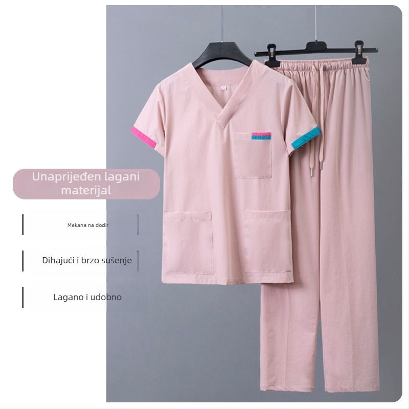 Unisex set medicinske odjeće: top s kratkim rukavima i hlače, V-izrez, brzo se suši; mješavina poliestera i pamuka (50–70% pamuka); pogodan za ljeto, proljeće i jesen.