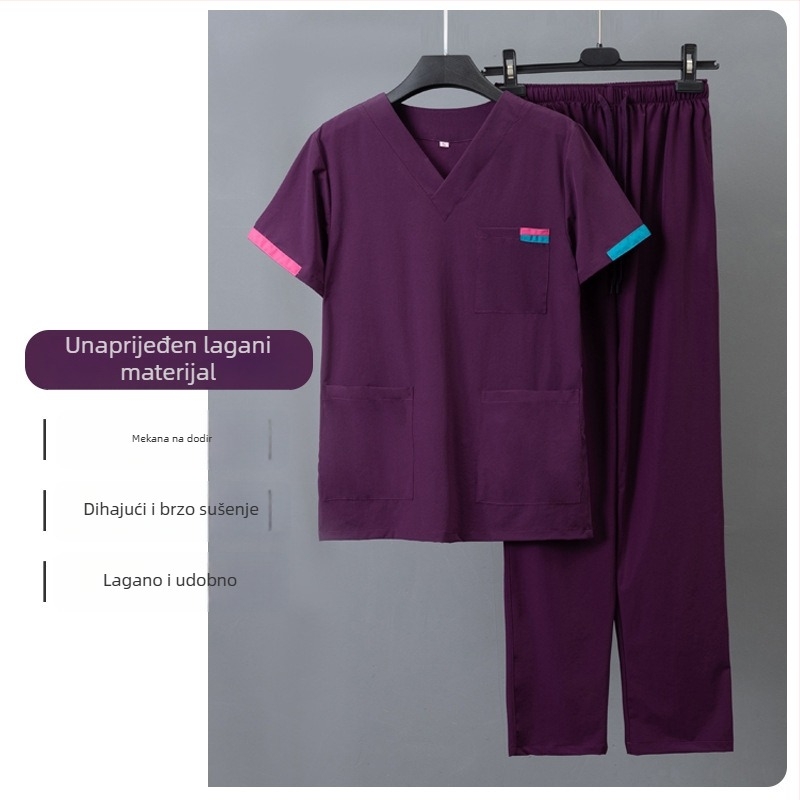Unisex set medicinske odjeće: top s kratkim rukavima i hlače, V-izrez, brzo se suši; mješavina poliestera i pamuka (50–70% pamuka); pogodan za ljeto, proljeće i jesen.