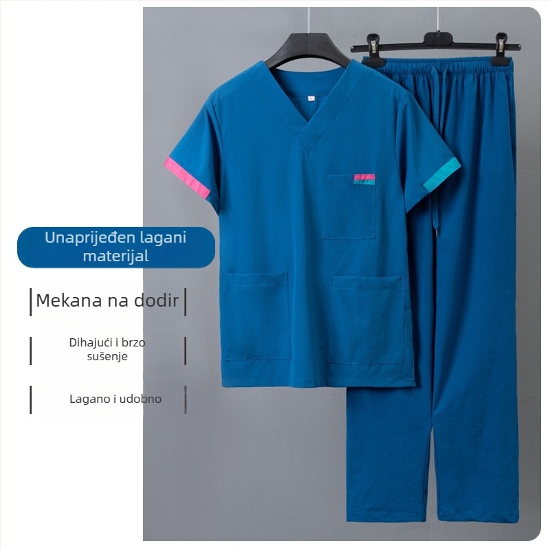Unisex set medicinske odjeće: top s kratkim rukavima i hlače, V-izrez, brzo se suši; mješavina poliestera i pamuka (50–70% pamuka); pogodan za ljeto, proljeće i jesen.