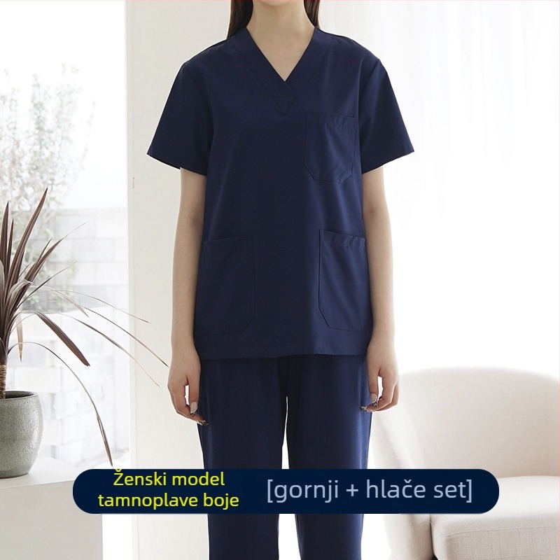 Unisex set medicinske odjeće: top s kratkim rukavima i hlače, V-izrez, brzo se suši; mješavina poliestera i pamuka (50–70% pamuka); pogodan za ljeto, proljeće i jesen.