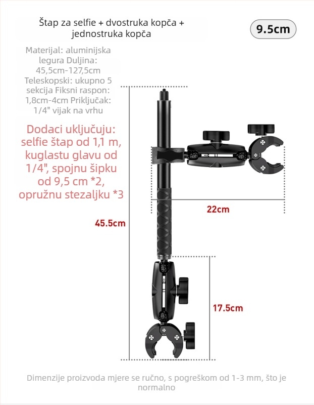Čvrsti klip-mount za Insta360 akcijsku kameru na motociklu, kompatibilan s GoPro selfie stickom