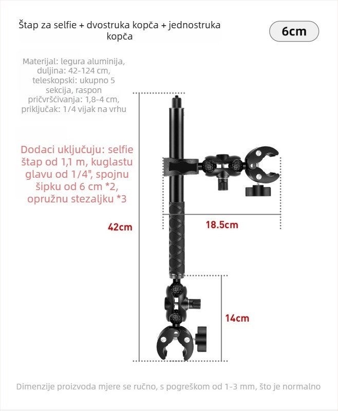 Čvrsti klip-mount za Insta360 akcijsku kameru na motociklu, kompatibilan s GoPro selfie stickom