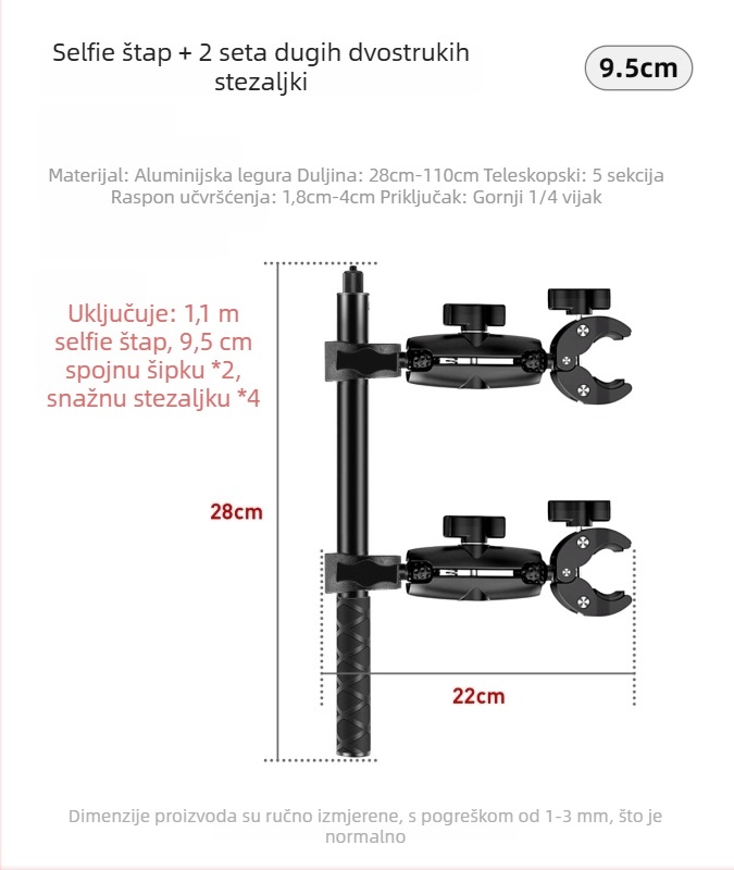 Čvrsti klip-mount za Insta360 akcijsku kameru na motociklu, kompatibilan s GoPro selfie stickom