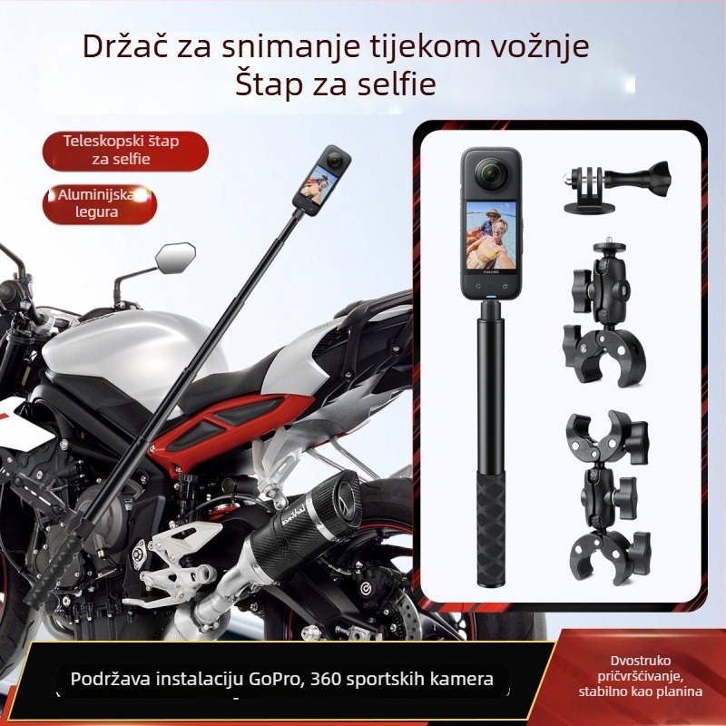 Čvrsti klip-mount za Insta360 akcijsku kameru na motociklu, kompatibilan s GoPro selfie stickom