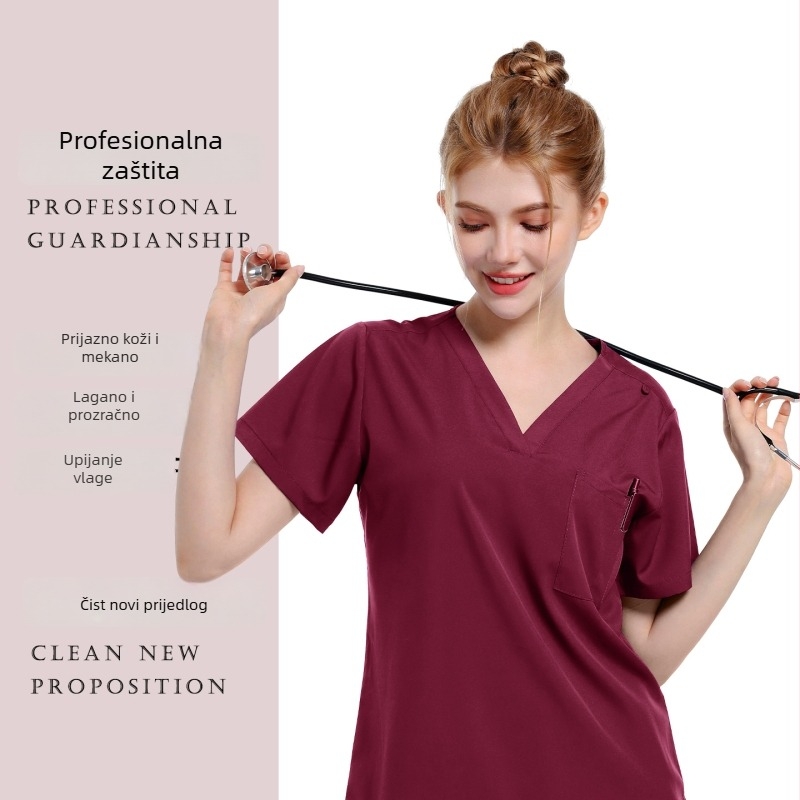 Unisex medicinski scrubs komplet – gornji dio s V-izrezom i hlače, dvodijelni dizajn