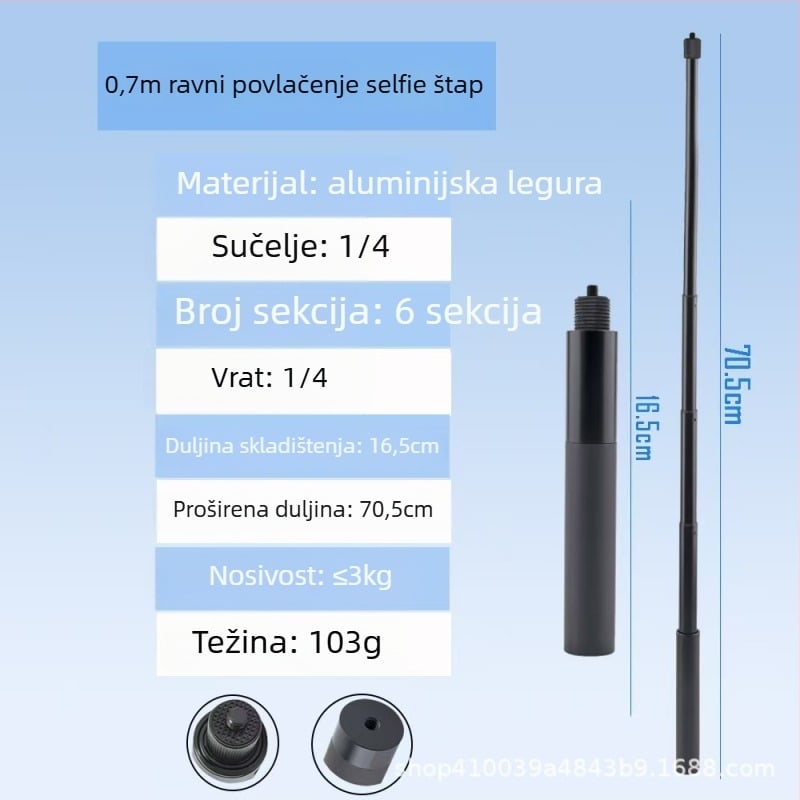 Ručno selfie štap od aluminijske legure za Insta360 X3/X4/X5, 4 sekcije, nosivost 2–5 kg, model Straight pull 1230