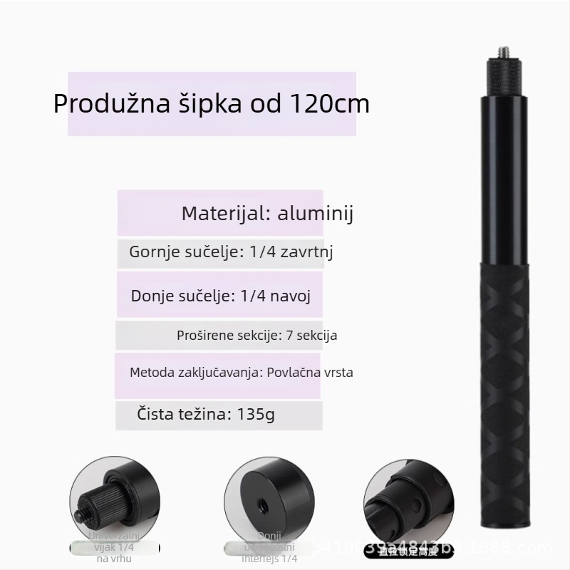 Ručno selfie štap od aluminijske legure za Insta360 X3/X4/X5, 4 sekcije, nosivost 2–5 kg, model Straight pull 1230