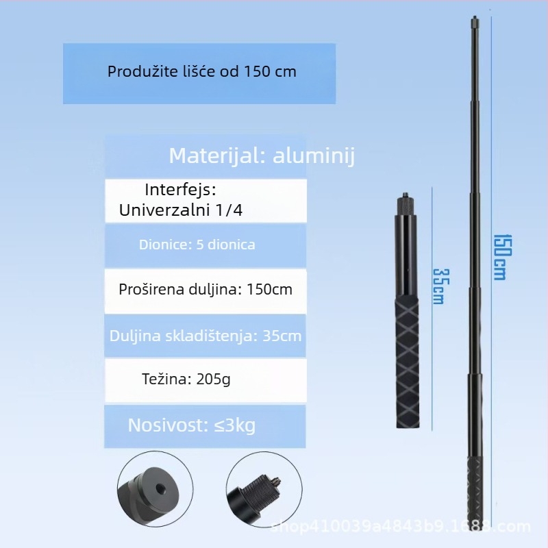 Ručno selfie štap od aluminijske legure za Insta360 X3/X4/X5, 4 sekcije, nosivost 2–5 kg, model Straight pull 1230
