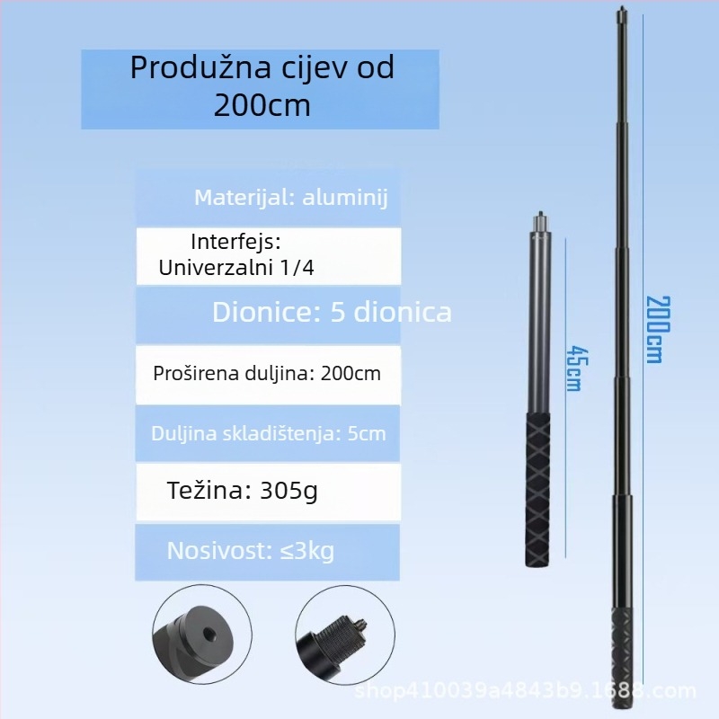 Ručno selfie štap od aluminijske legure za Insta360 X3/X4/X5, 4 sekcije, nosivost 2–5 kg, model Straight pull 1230