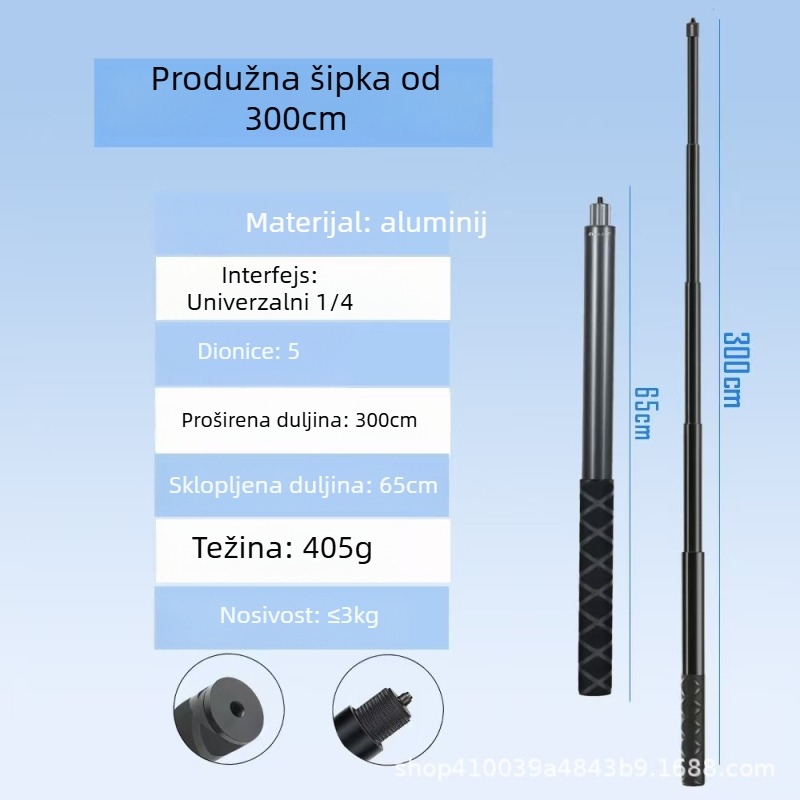 Ručno selfie štap od aluminijske legure za Insta360 X3/X4/X5, 4 sekcije, nosivost 2–5 kg, model Straight pull 1230