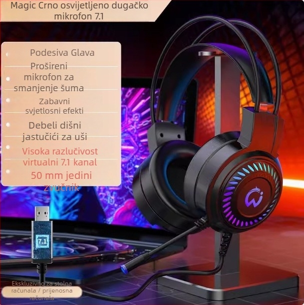 DG-909-XOX Žičane gamerske slušalice s 50 mm zvučnicama, raspon frekvencija 20 Hz–20 kHz, osjetljivost 98 dB, kabel 2 m, mikrofon, USB i 3,5 mm, za PC, redukcija buke