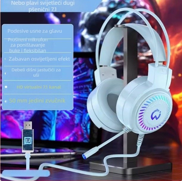 DG-909-XOX Žičane gamerske slušalice s 50 mm zvučnicama, raspon frekvencija 20 Hz–20 kHz, osjetljivost 98 dB, kabel 2 m, mikrofon, USB i 3,5 mm, za PC, redukcija buke