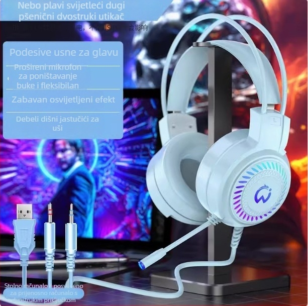 DG-909-XOX Žičane gamerske slušalice s 50 mm zvučnicama, raspon frekvencija 20 Hz–20 kHz, osjetljivost 98 dB, kabel 2 m, mikrofon, USB i 3,5 mm, za PC, redukcija buke