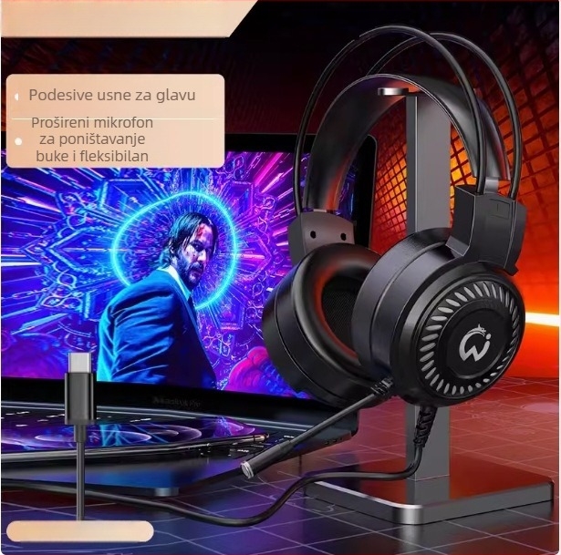 DG-909-XOX Žičane gamerske slušalice s 50 mm zvučnicama, raspon frekvencija 20 Hz–20 kHz, osjetljivost 98 dB, kabel 2 m, mikrofon, USB i 3,5 mm, za PC, redukcija buke