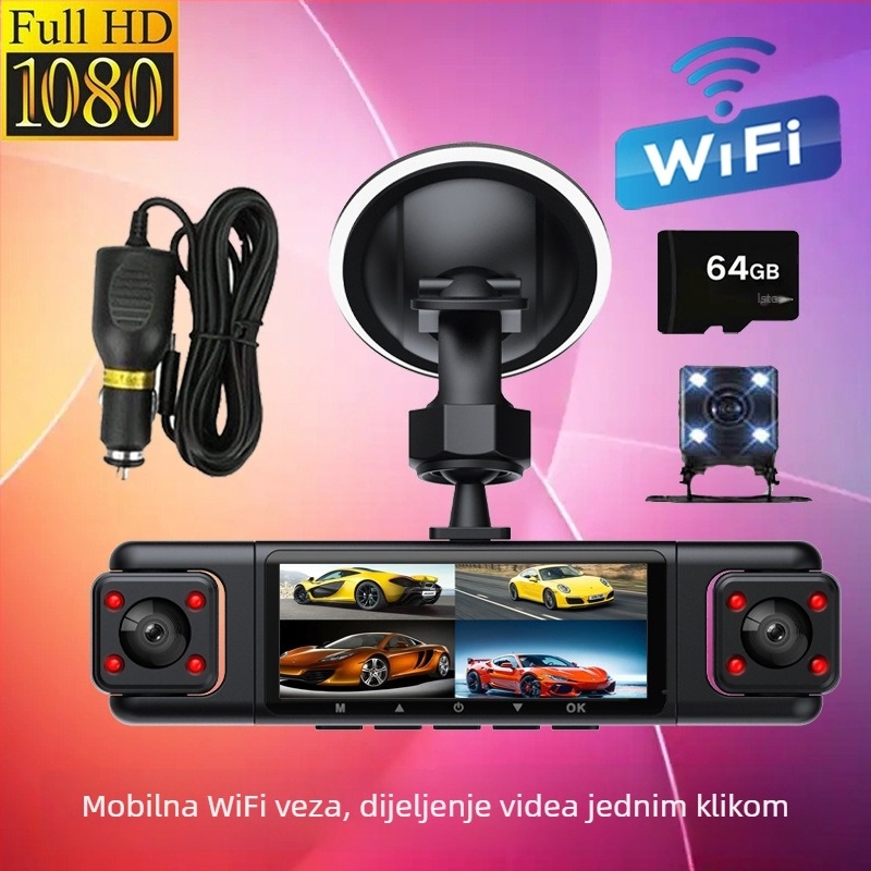 Auto dash kamera s 360° pokrivenošću, 4 leće, Wi-Fi, infracrveno noćno snimanje, 1080p
