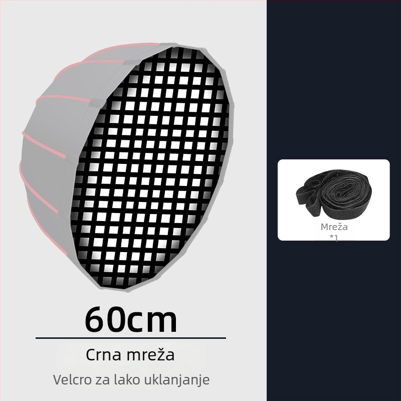 Duboko parabolicni softbox s mrežom za profesionalnu fotografiju – metalni okvir, reflektirajuća tkanina, poliester