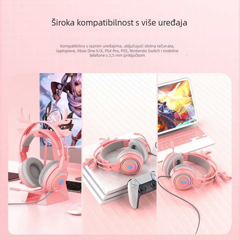 Žične PC gaming slušalice s dizajnom mačjih i jelenjih ušiju, RGB osvjetljenje, 50 mm zvučničke jedinice, 3,5 mm priključak, 2 m pleteni kabel, mikrofon