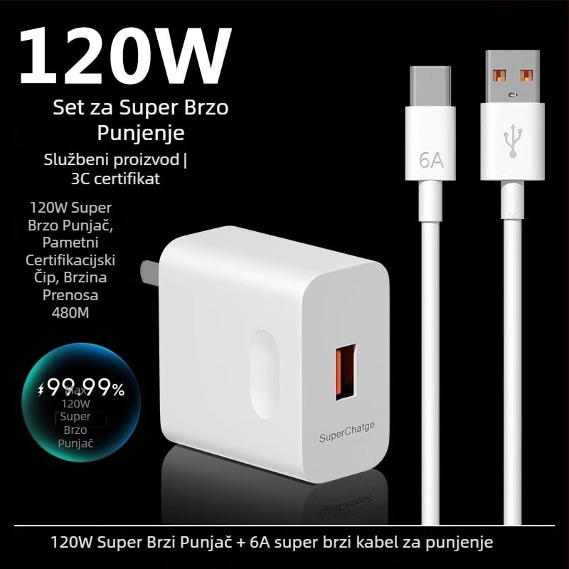 Brzi punjač 120W za Huawei, Honor, Oppo i Android uređaje — QC 4.0, izlaz 120W, univerzalna kompatibilnost