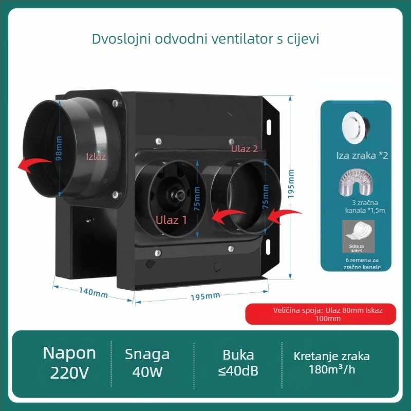 Podijeljeni kanalni ventilator, jedan na dva izlaza, za kupaonicu i kuhinju, HF18B, 220V, 40W, Energetska učinkovitost II, Mehaničko upravljanje