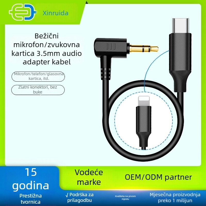 Mikrofon audio kabel, 3.5mm muški na Type-C/8-pin, zlatno prevučeno, bakreno jezgro, bakreni vodič