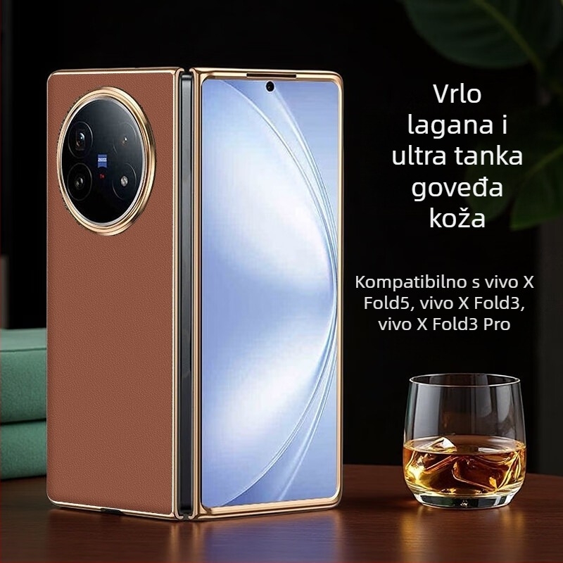 Zaštitna futrola za Vivo X Fold 5 od prave kože s elektroplatiranim završnim slojem, prilagodljiva, otporna na habanje, padove i otiske prstiju