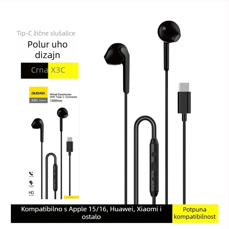 X3C žične in-ear slušalice Type-C, 15 mm driver, ugrađeni mikrofon, kabel 1,2 m, kontrole na kabelu