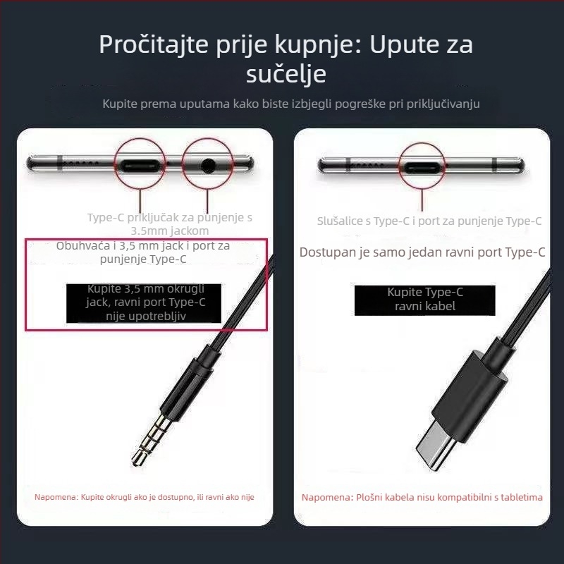 Žične Type-C slušalice s kutnim konektorom, in-ear, kompatibilne s Oppo/Huawei