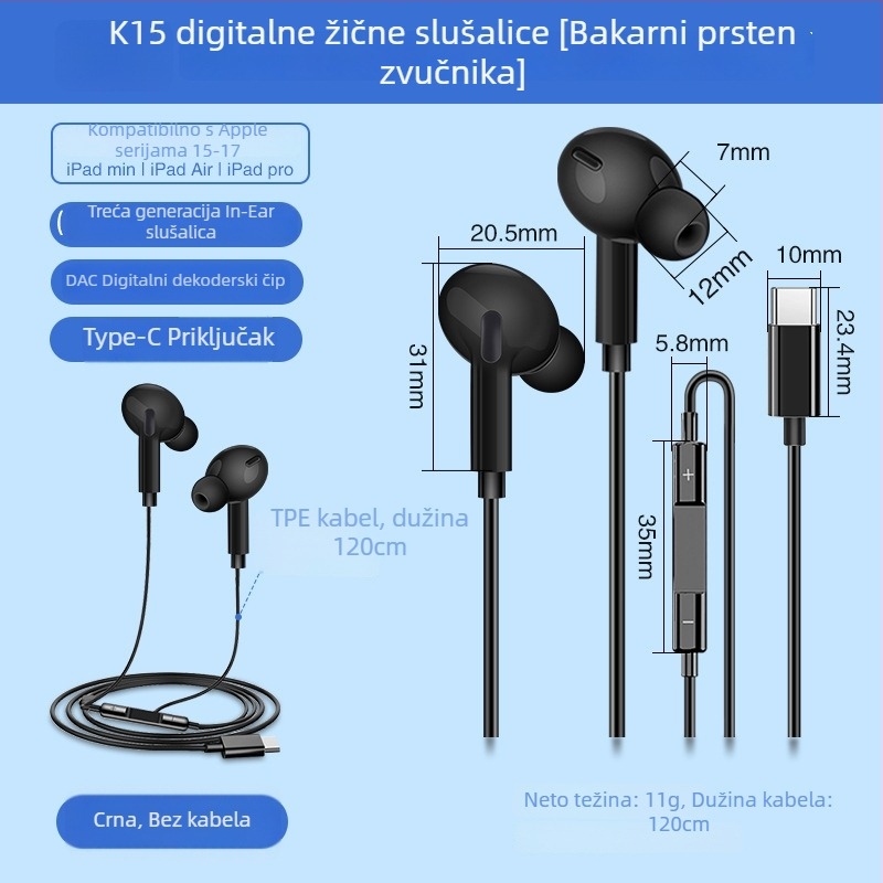 X2 In-Ear digitalne slušalice USB-C, žične s mikrofonom, kabel duljine 1,2 m, frekvencijski odziv 97, distorzija 2%