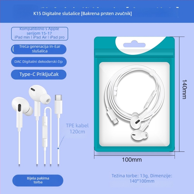 X2 In-Ear digitalne slušalice USB-C, žične s mikrofonom, kabel duljine 1,2 m, frekvencijski odziv 97, distorzija 2%