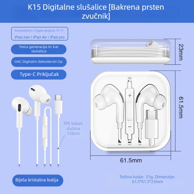 X2 In-Ear digitalne slušalice USB-C, žične s mikrofonom, kabel duljine 1,2 m, frekvencijski odziv 97, distorzija 2%