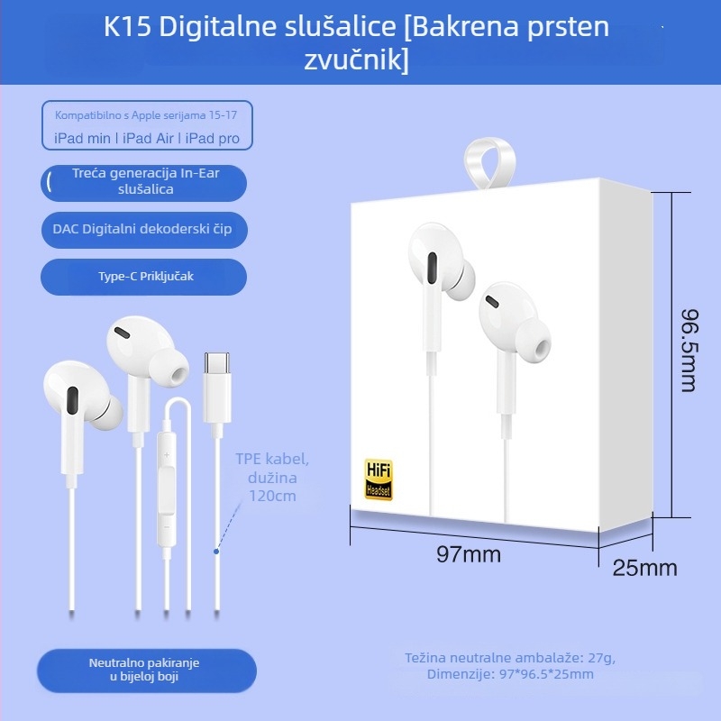 X2 In-Ear digitalne slušalice USB-C, žične s mikrofonom, kabel duljine 1,2 m, frekvencijski odziv 97, distorzija 2%