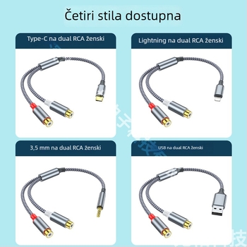 USB-C na 3,5 mm stereo adapter kabel s dva RCA ženski izlaz, zlatni premaz, bakrena jezgra, OEM dostupno